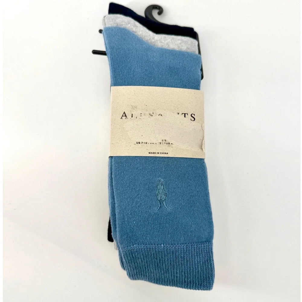 AllSaints Mens 3 Pack‎ Cotton Blend Crew Socks Blue Grey Black US 7-13 NEW